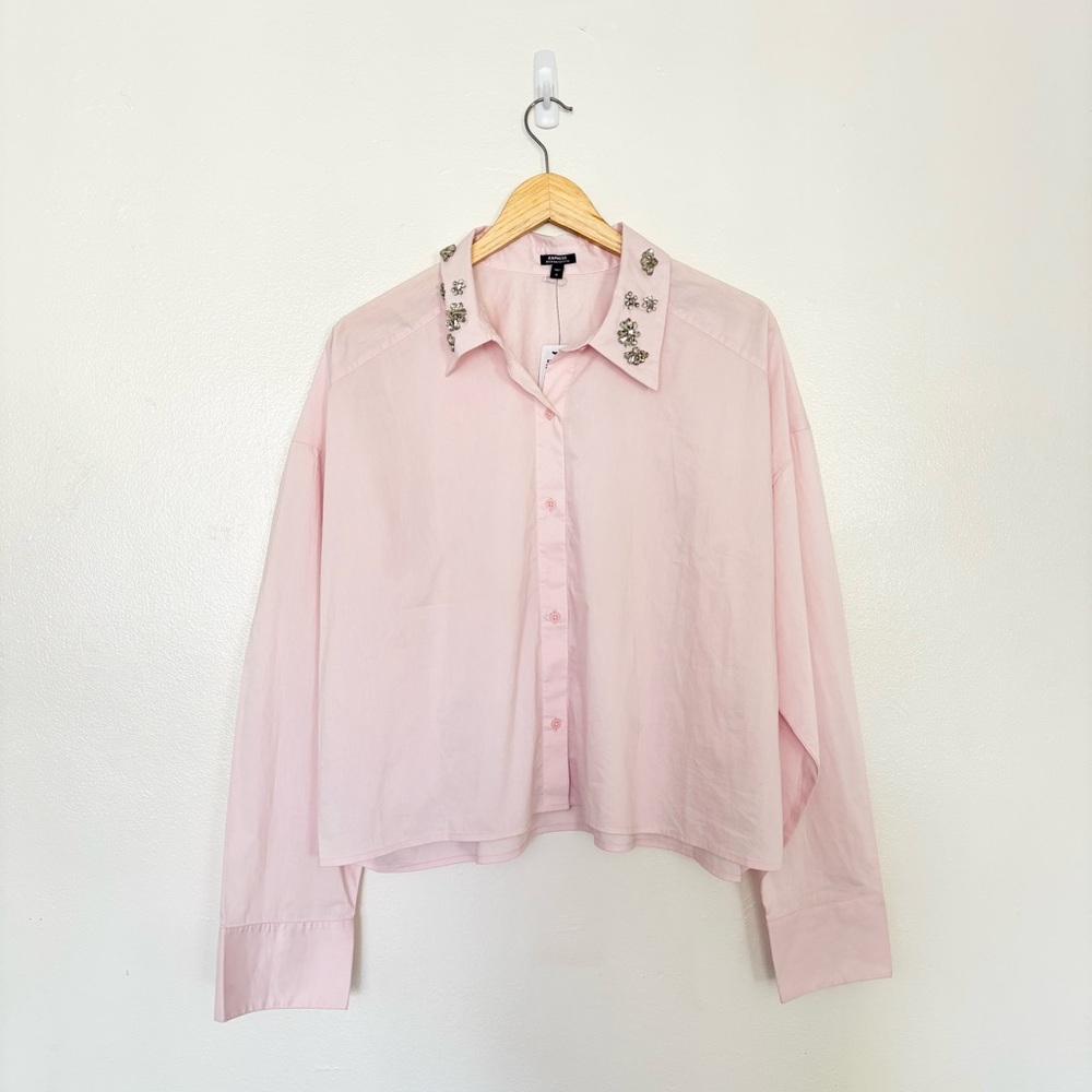 Express Boyfriend Portofino Embellished Rhinestone Collar Boxy Top